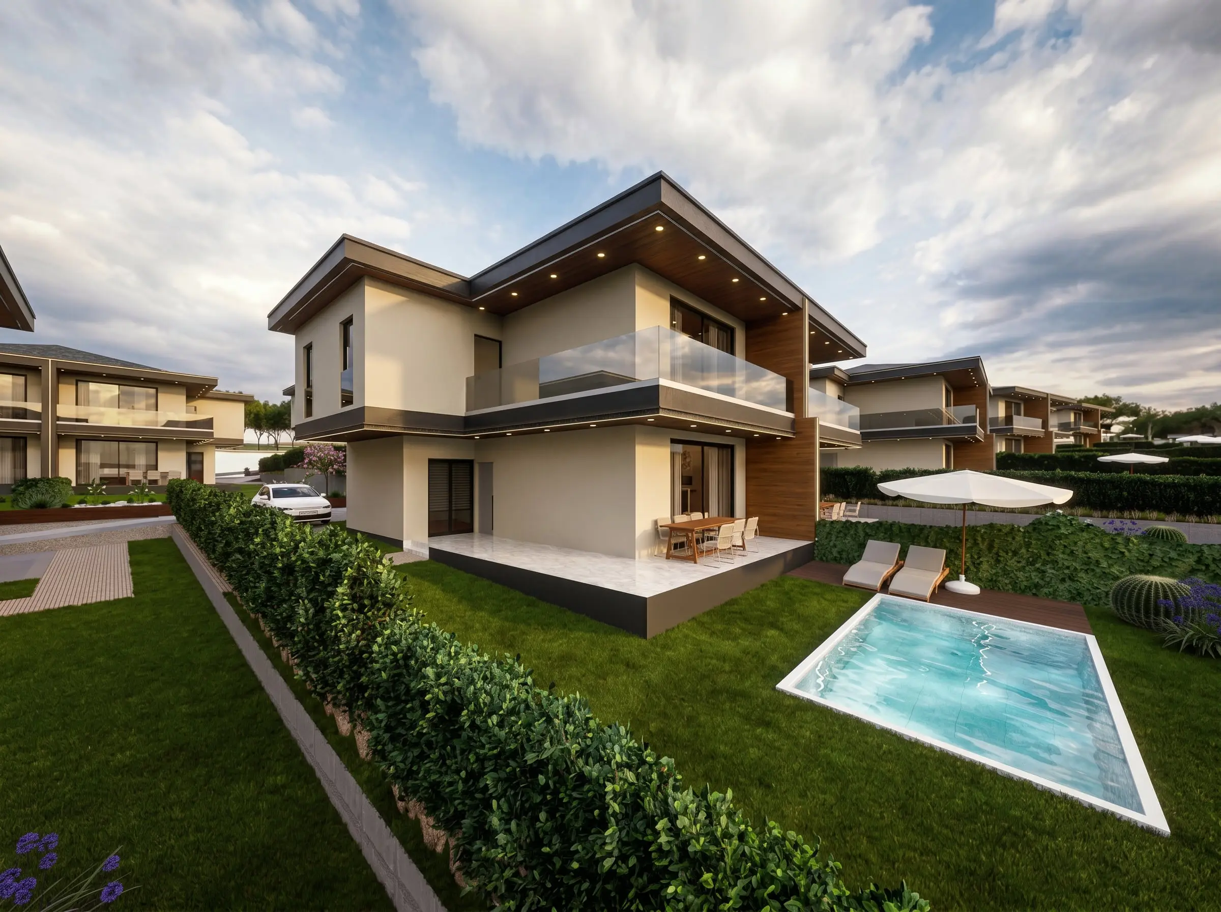 Tamamlanmış villa cephesi ve bahçesi, tasarım görseli